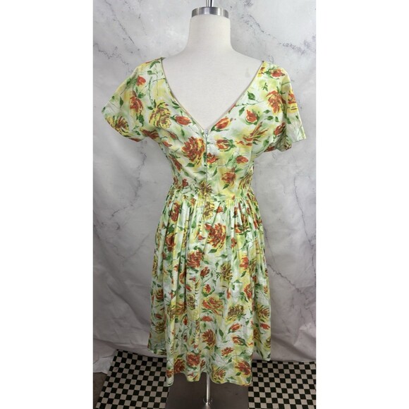 Vtg 1950s Full Skirt Day Dress tea M 50s Handmade Garden Floral MCM Party Flaw* - Picture 4 of 16